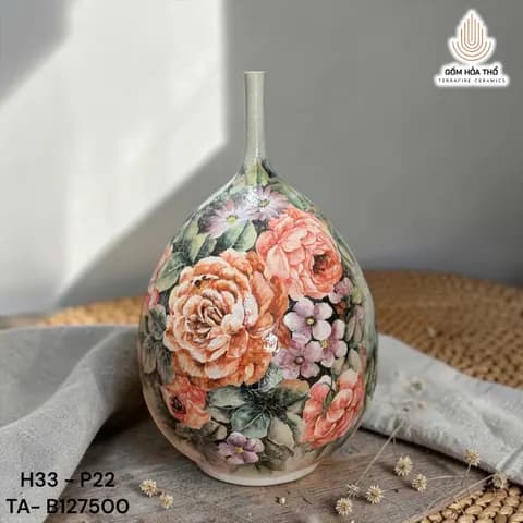 Bình gốm hoa hồng cổ nhỏ dáng giọt nước
