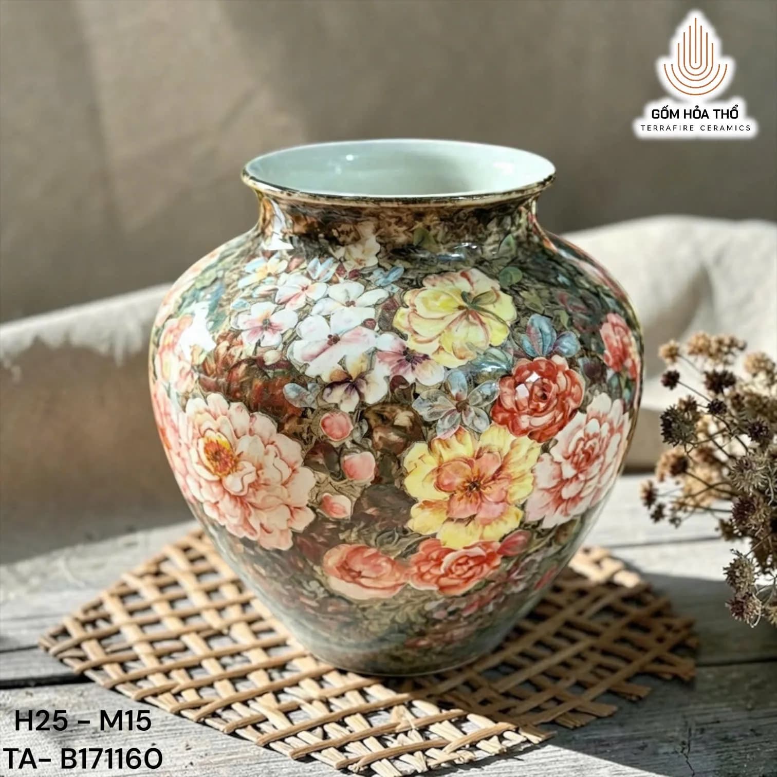 Bình gốm sứ dáng phum họa tiết gấm hoa cổ điển