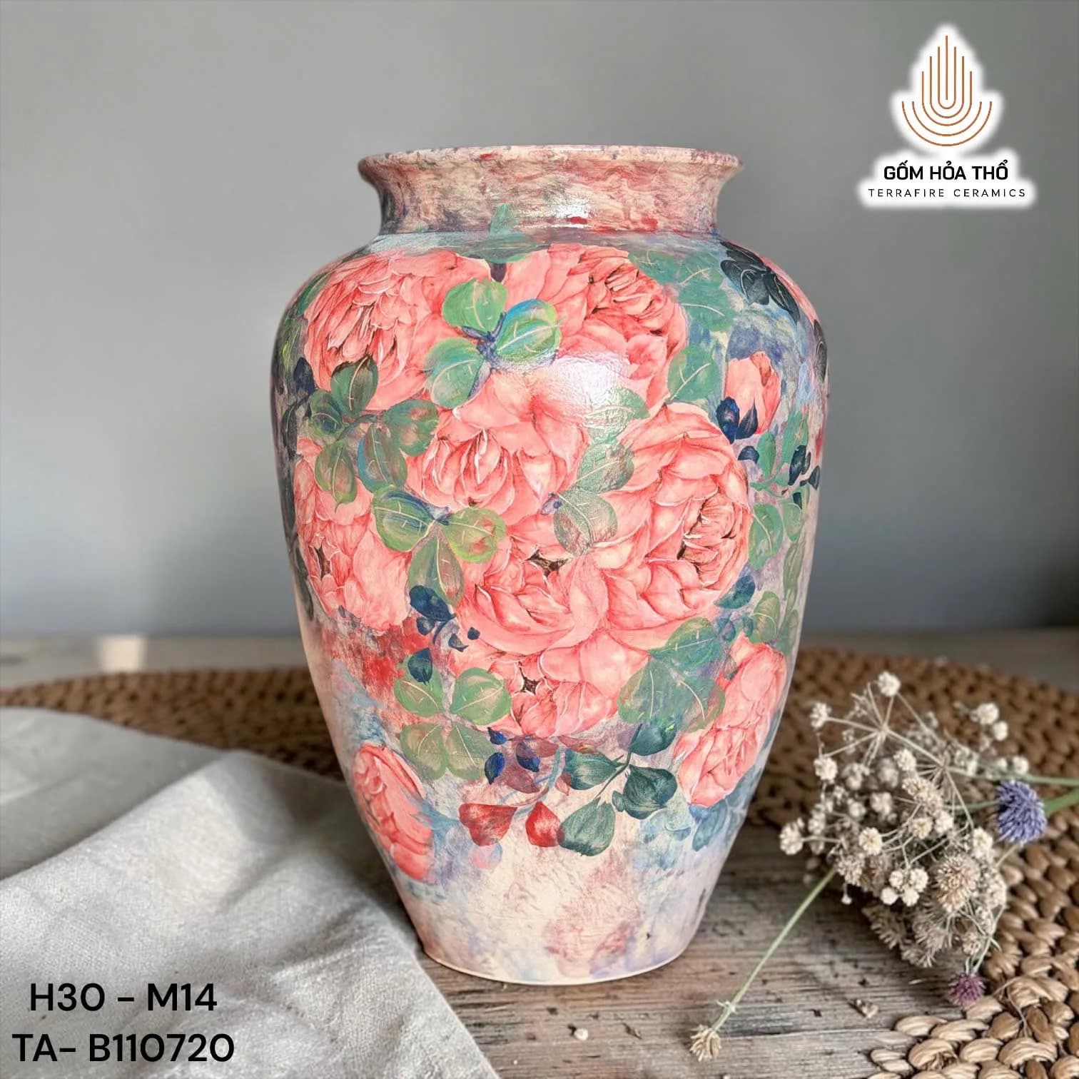 Bình hoa gốm họa tiết hoa hồng cổ vẽ tay