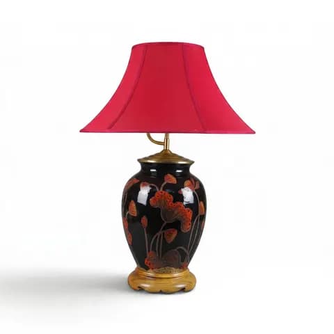 Đèn gốm hoa sen men đen chao đỏ