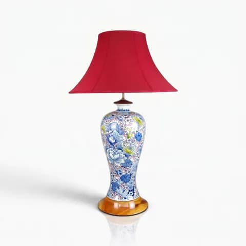 Đèn gốm họa tiết ngàn hoa để bàn chao đỏ