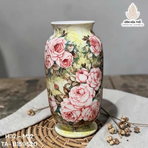 Lọ hoa gốm dáng trụ vẽ hoa hồng cổ điển